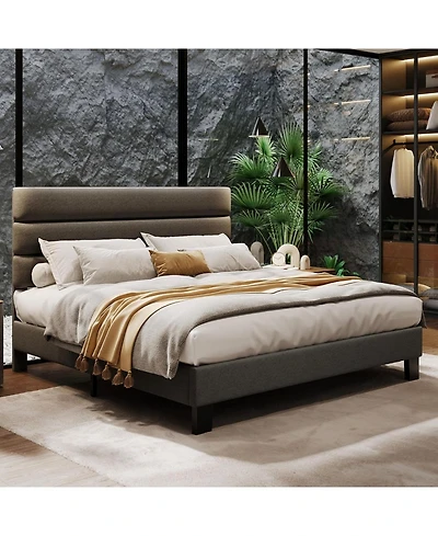 gaomon Bed Frame with Adjustable Headboard, Linen Fabric Upholstered and Wooden Slats Support, Platform Bed Heavy Duty Mattress Foundation