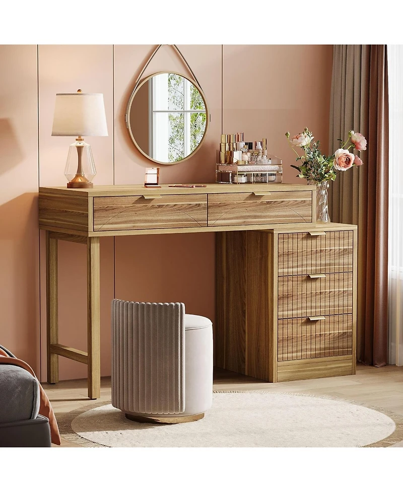Tribesigns Makeup Vanity Desk with 5 Drawers, Modern Storage, Small Wood Dressing Table for Bedroom, Narrow Space (Without Mirror)