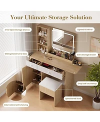 Gaomon Natural Wood Foldable Vanity Desk, Lighted Mirror Makeup Table for Compact Living Spaces