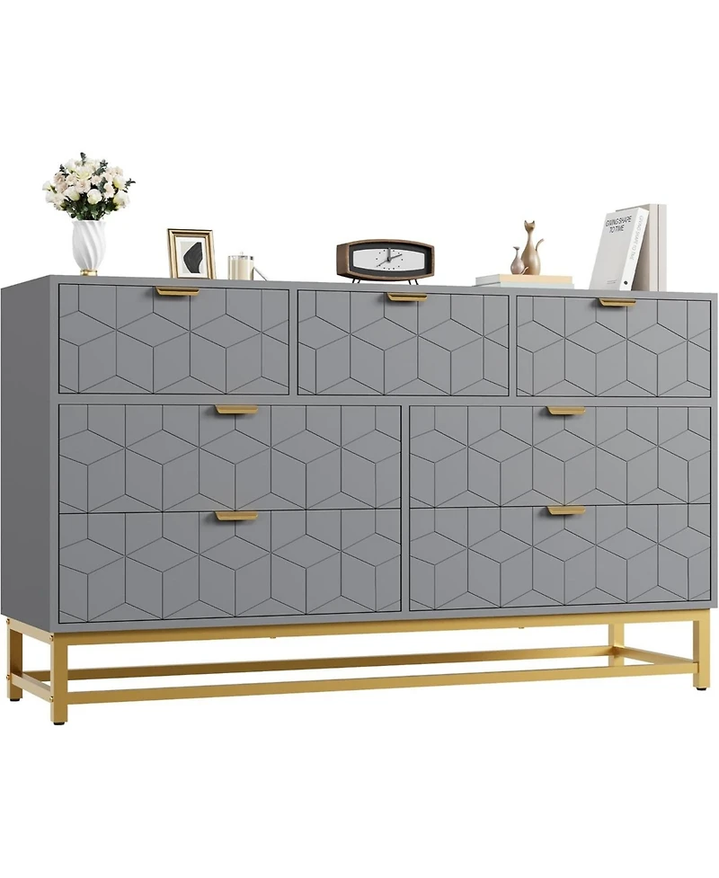 Gaomon Modern 7 Drawer Wide Dresser Chest, Gold Metal Legs & Handles