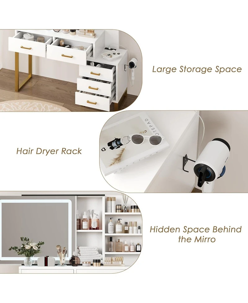 Gaomon Vanity Desk with Mirror, Led Lights and Power Outlet, Makeup Vanity Table with 5 Drawers and 3 Storage Shelves