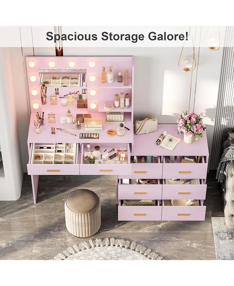 gaomon Large Vanity Desk with Mirror and Lights, Makeup Dressing Table Set with 8 Wide Storage Drawers, 2 Tier Shelves, Adjustable Lighting