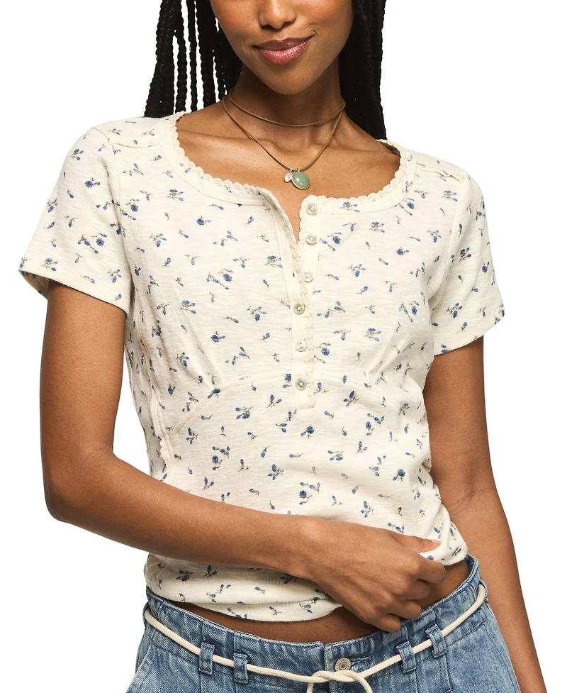 Lucky Brand Women's Crochet Trim Short-Sleeve Henley Top