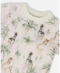 Deux par Baby Boys Cotton Jersey T-Shirt and Rib Pants Set Beige Zebra Print Sage Green