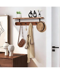 Yigii Walnut Wood Shelf & Hooks Organizer for Entryway
