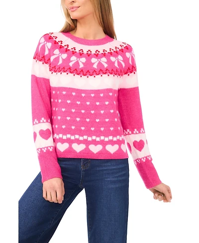 CeCe Women's Heart and Bow Fair Isle Crewneck Sweater