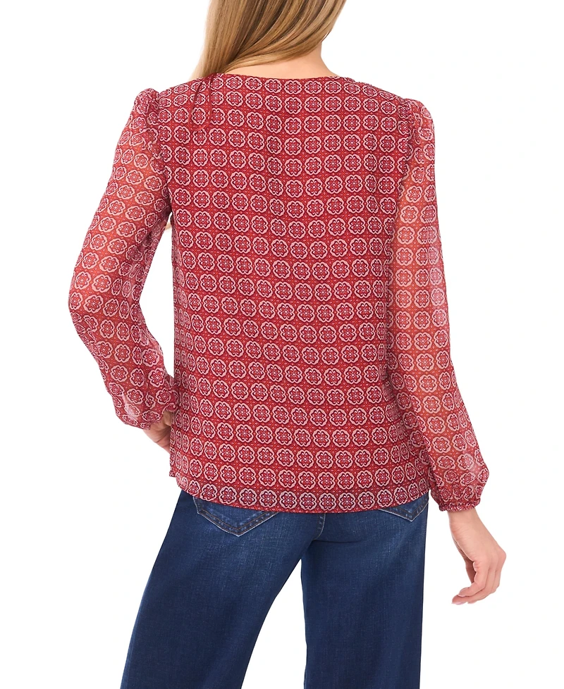 CeCe Women's Elastic Cuff V-Neck Button Up Top