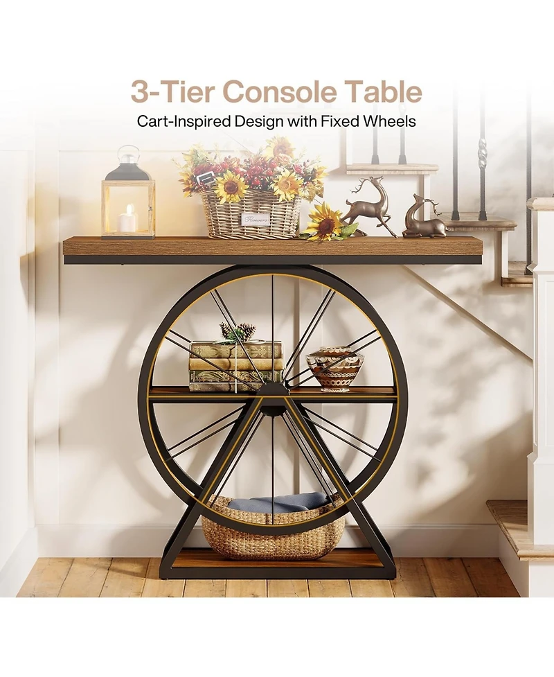 Tribesigns Industrial 3-Tier Console Table, 39.4" Sofa Table Entryway Table with Fixed Wheel Base, Narrow Wood Accent Tables