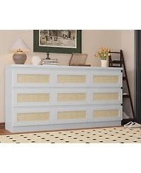 gaomon Rattan 9 Drawer Dresser with Charging Station, Farmhouse Chest of Drawers, Wide Closet Dresser Storage Organizer for Bedroom, Living Room