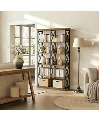 Tribesigns Industrial Bookshelf, 6-Tier Wide Bookcase, 75" Tall Standing Shelf Units with 12 Wooden Shelves, Large Open Metal Display Organizer