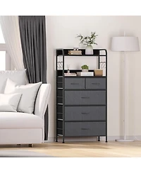 gaomon 5-Drawer Bedroom Dresser, Fabric Storage Dresser with Anti-Tip Kit and 4 Hooks, Tall Vertical Dressers, Sturdy Steel Frame, Wooden Tabletop