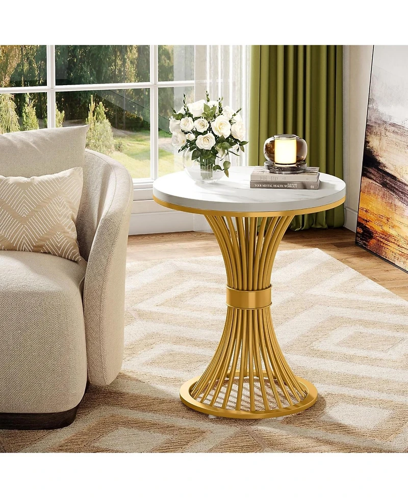 Tribesigns Round End Table Set of 2, Modern Faux Marble Side Table with Gold Metal Base, Small Bedside Nightstand, Wooden Accent Table