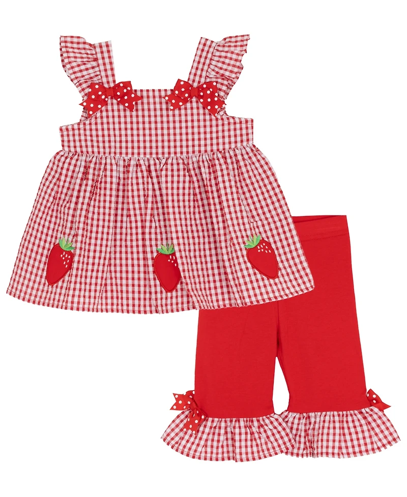 Rare Editions Baby Girls' Strawberry Seersucker Square Neck Top and Capri Leggings, 2-Piece Set