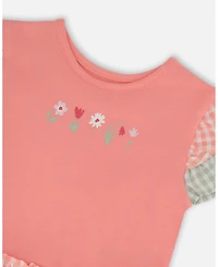 Deux par Baby Girls Cotton Bi-Material Dress peach and Gingham