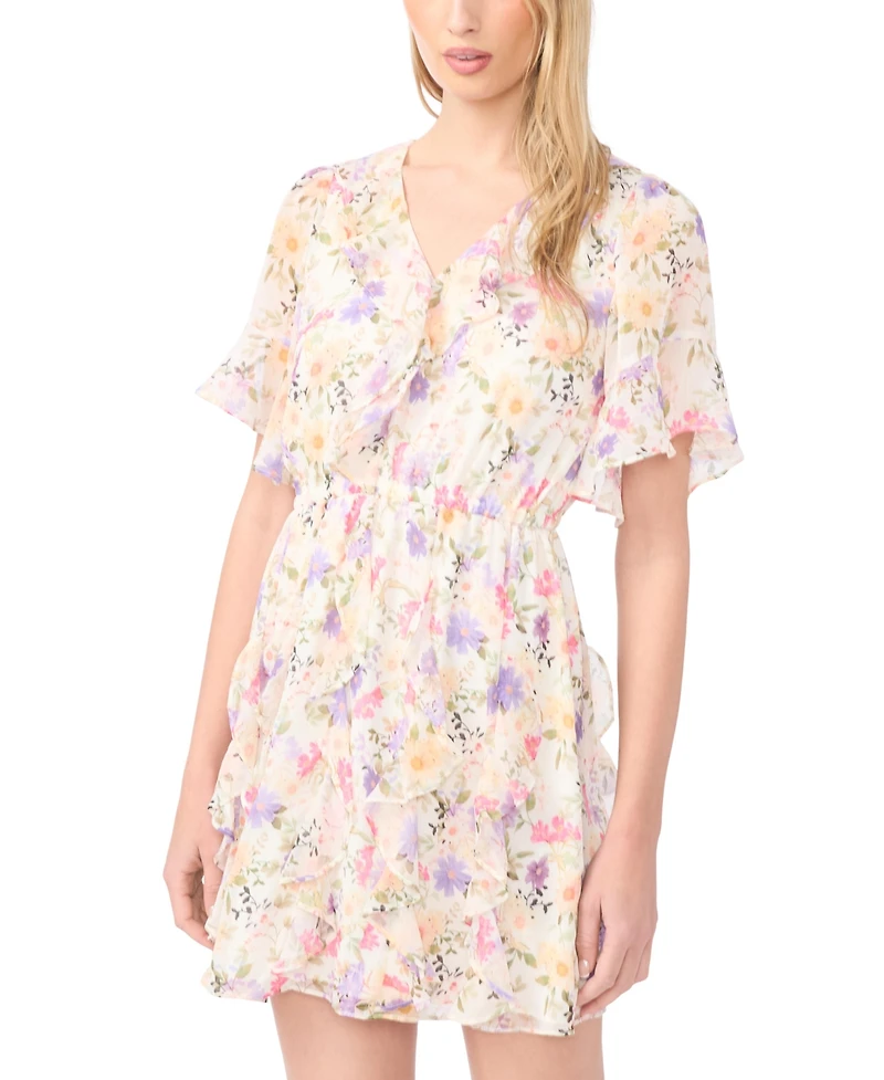 CeCe Women's Waterfall Ruffle Short-Sleeve V-Neck Mini Dress