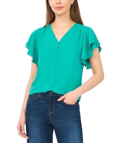 CeCe Women's V-Neck Double Flutter Sleeves Top