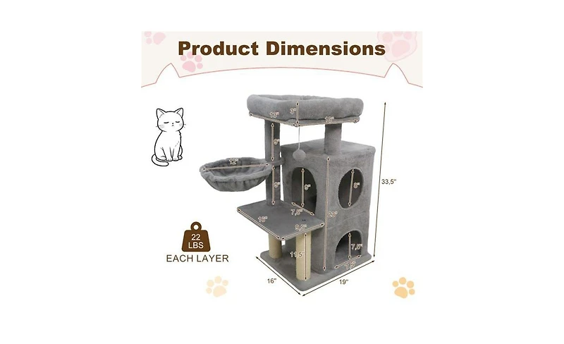 Aostirmotor Stable Cat Tree with 2-Tier Cat Condo, 33.5-Inch Multi-Level Tower with Scratching Post