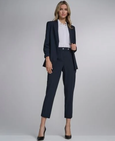 Calvin Klein Womens Sleeveless Collared Blouse With Pleated Front Open From Ruched Sleeve Jacket Slim Leg Pant