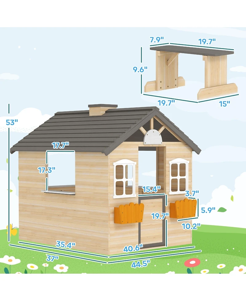 Hongge Wooden Outdoor Playhouse with Door Windows and Bench