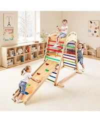 Slickblue Indoor Playground Jungle Gym, 4-in-1 Wooden Indoor Playground Playset with Climbing Rock, Slide, Wooden Ladder & Gym Rings