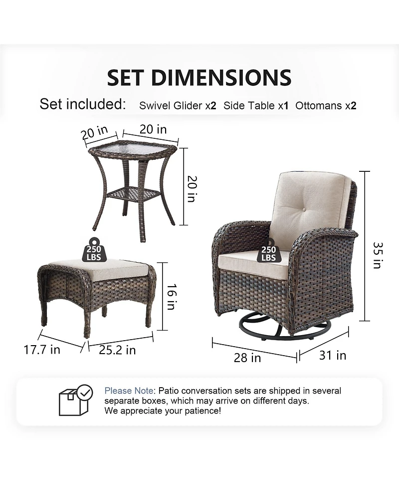 Gymojoy 5-Piece Brown Wicker Patio Conversation Set with Olefin Cushions Swivel Chairs and Ottomans