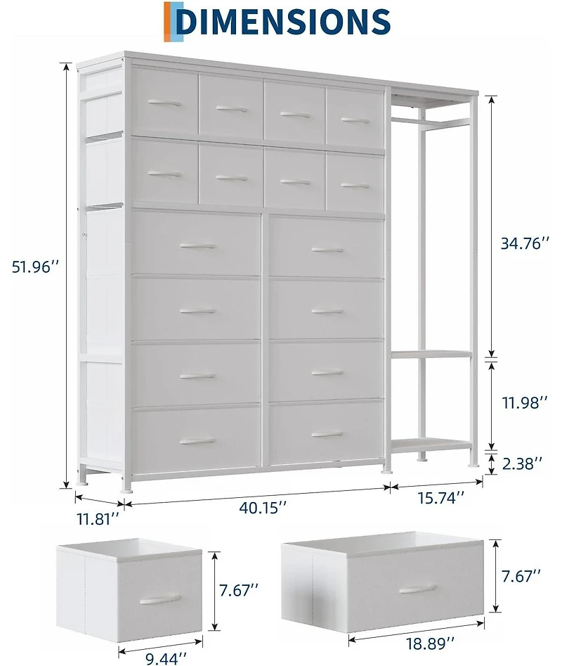 gaomon Tall Dresser for Bedroom, Fabric Dressers with 16 Drawers & Clothes Rack & 2 Storage Shelves, Pu Closet Dresser with Hanging Space