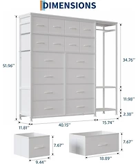 gaomon Tall Dresser for Bedroom, Fabric Dressers with 16 Drawers & Clothes Rack & 2 Storage Shelves, Pu Closet Dresser with Hanging Space
