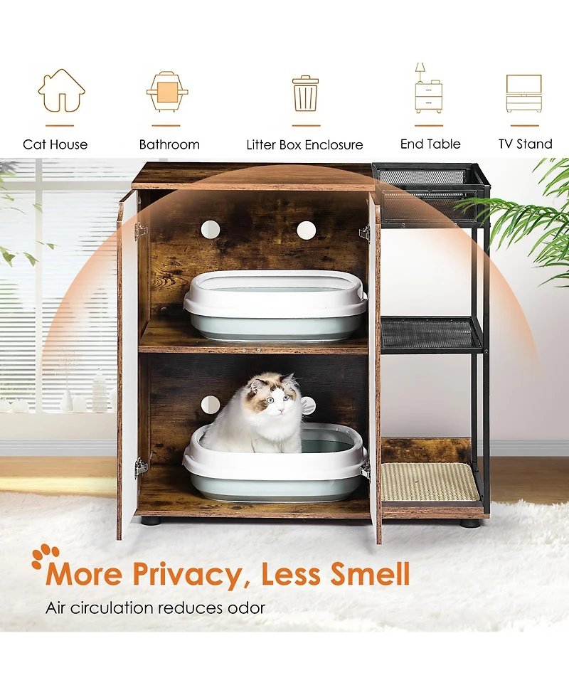 Cozito Double Cat Litter Box Enclosure Furniture Cabinet with Side Openings and Splash Pads.