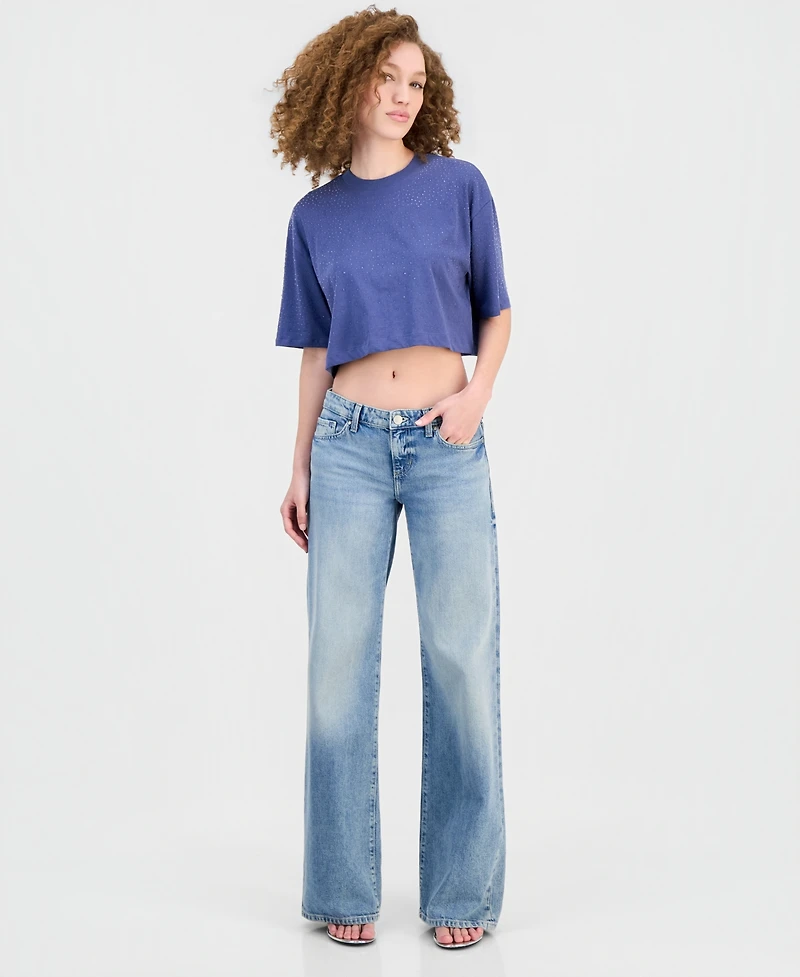 Guess Women's Rhinestone Embellished Crewneck Cropped T-Shirt