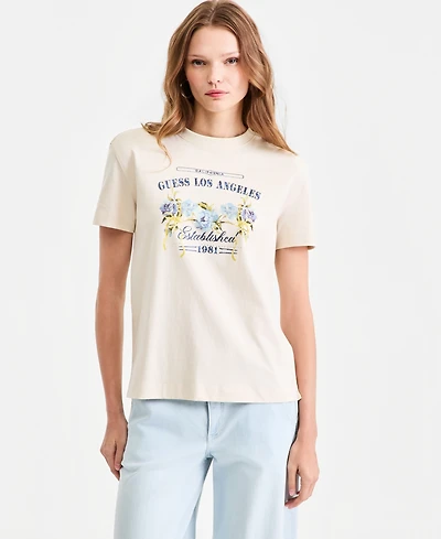 Guess Women's Cotton Flower's Box Crewneck T-Shirt