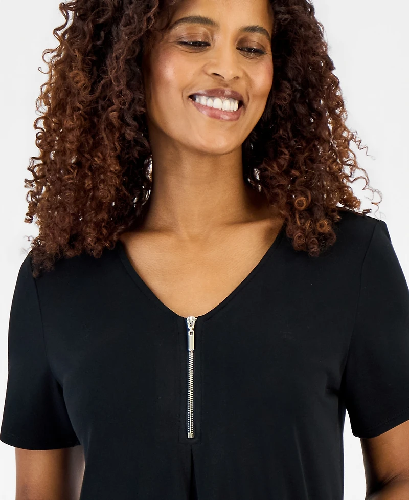 Jm Collection Women's V-Neck Front-Zip Pleated Top, Macy's Exclusive