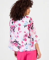 Kasper Petite Floral 3/4-Sleeve Ruffled-Cuff Blouse