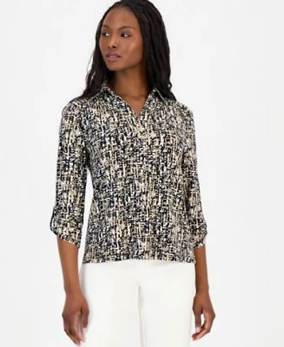 Anne Klein Essentials Petite Printed Collared 3 4 Sleeve Top