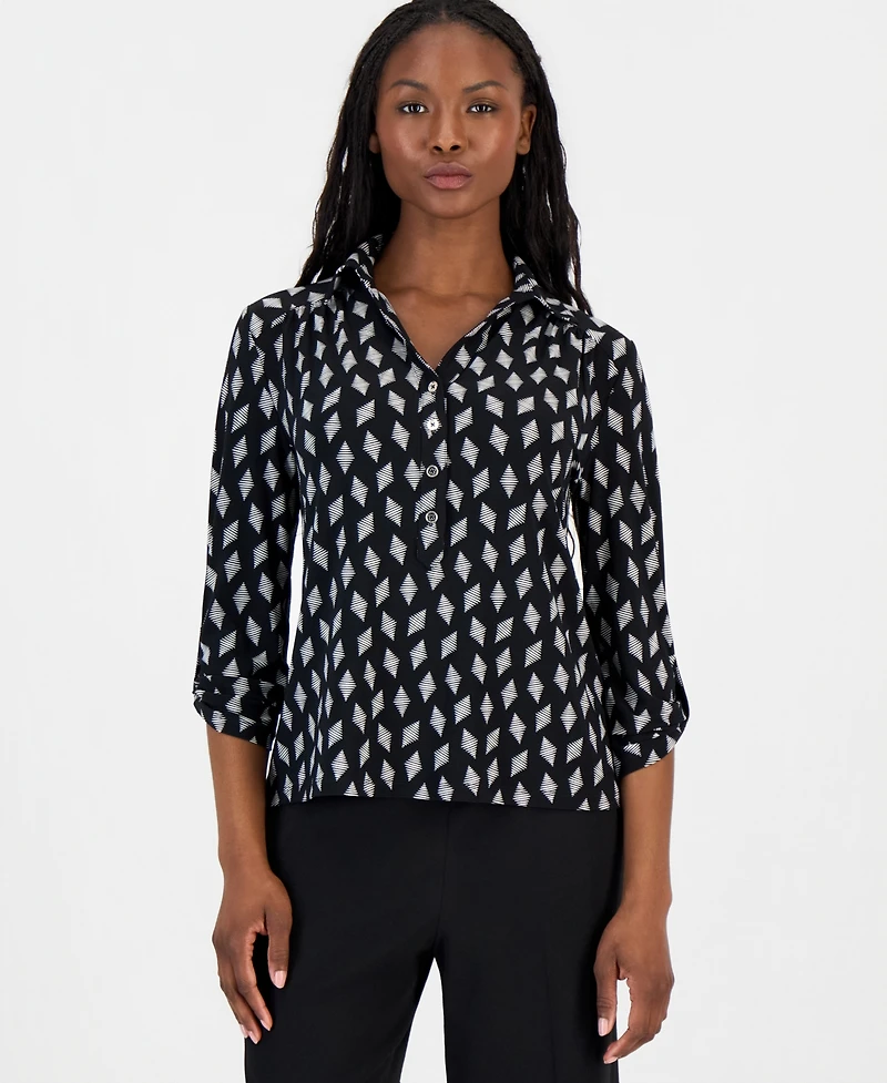 Anne Klein Essentials Petite Printed Collared 3/4-Sleeve Top