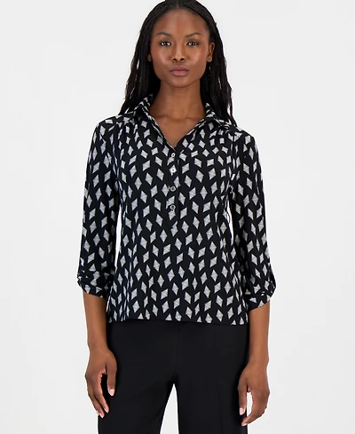 Anne Klein Essentials Petite Printed Collared 3/4-Sleeve Top