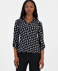 Anne Klein Essentials Petite Printed Collared 3/4-Sleeve Top