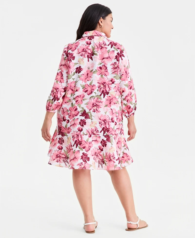 Charter Club Plus Linen Floral-Print Flounce Shirtdress, Macy's Exclusive