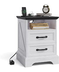 gaomon Farmhouse Nightstand with Charging Station, Large Rustic Bedside Table with 2 Drawers & Open Shelf, Usb Ports & Ac Outlets for Bedroom