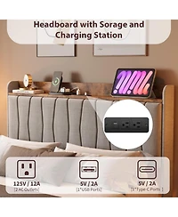 gaomon Floating Bed Frame with Led Lights & Usb Charging Station – Modern Upholstered Platform Headboard, Solid Wood Slats Support