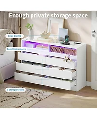 gaomon Modern 4 Drawer Dresser with Led Light and Charging Station, Storage Chest with Power Outlet, Accent Double Dresser for Bedroom Living