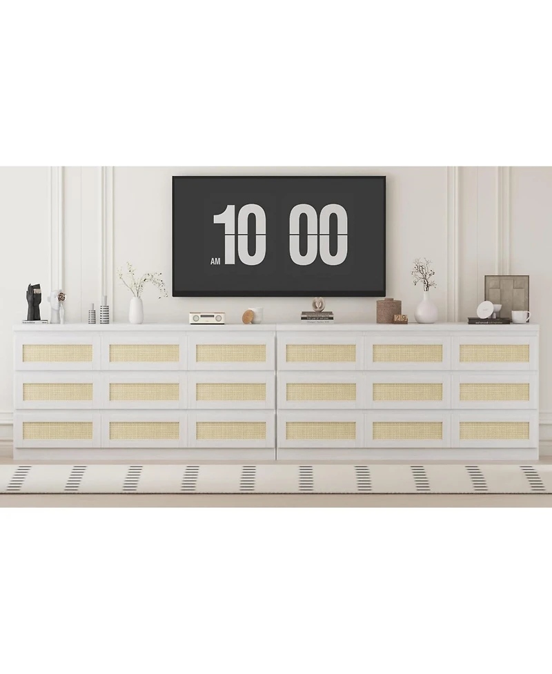 gaomon 9 Drawer Farmhouse Rattan Dresser with Charging Station, Sturdy Wooden Storage Organizer for Bedroom Closet Entryway