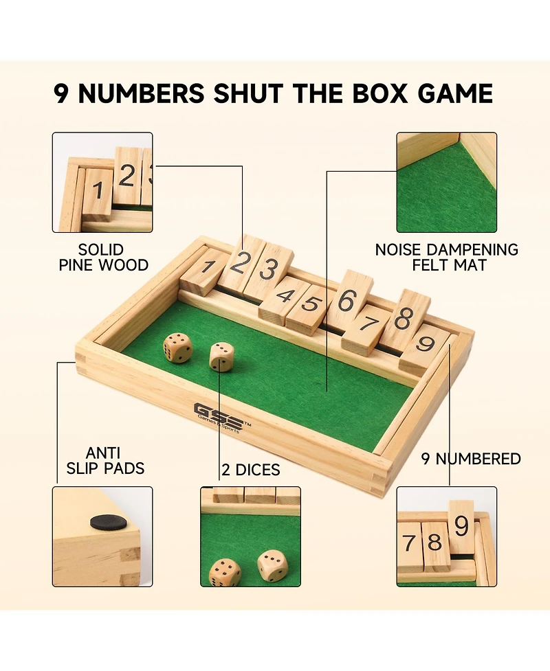 Gse Games & Sports Expert Wooden Shut The Box Numbers Dice Game Board with 2 Wooden Dices