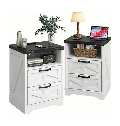 gaomon Farmhouse Nightstands Set of 2, Wooden Bedside Table with Charging Station, End Table with 2 Drawers