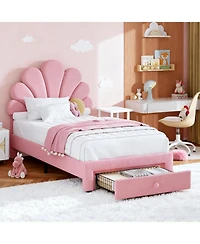 gaomon Twin Size Upholstered Bed Frame with 2 Storage Drawers, Adjustable Velvet Headboard, Solid Wood Slats, No Box Spring Needed