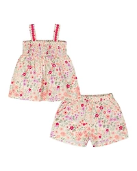 Deux par Deux Big Girls Tank Top with Smocking and Shorts Set in Muslin Off White Printed Flowers