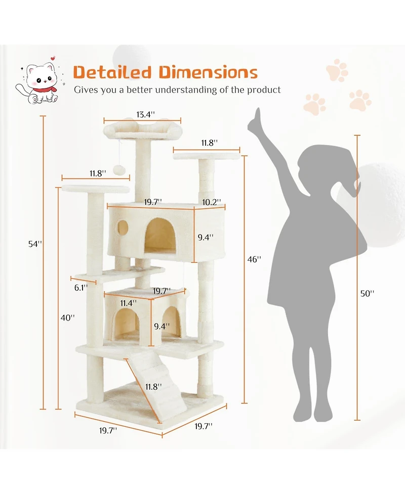 Zeus & Ruta 54in Beige Multi-Functional Cat Tree: Climbing Frame, Lounge, Detachable Toy