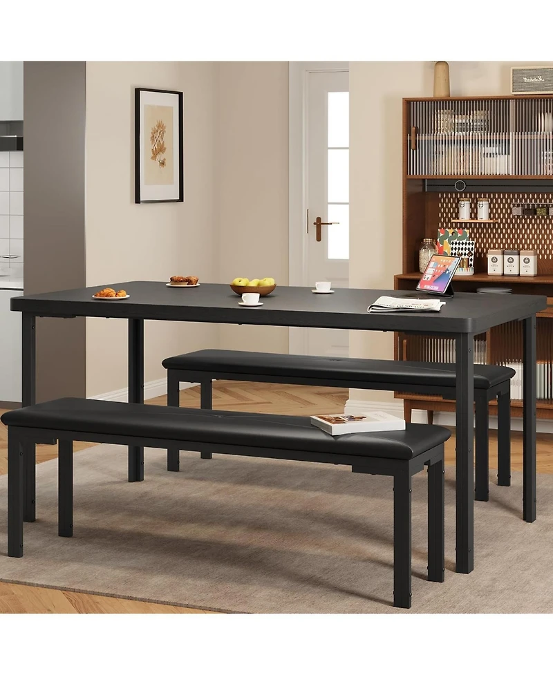 gaomon Dining Table Set for 4, 3Pcs Kitchen with 2 Benches 43.3" Farmhouse Breakfast Metal Frame Small Space