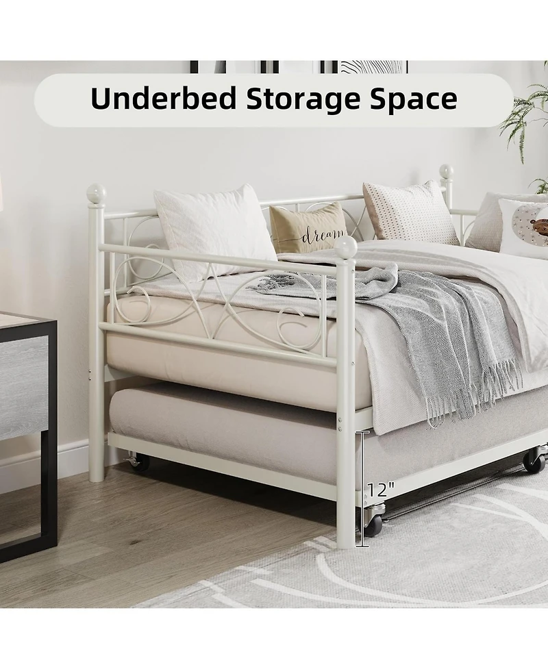 gaomon Twin Daybed with Trundle Bed, Space-Saving Metal Day Bed Frame with Floral Headboard and Heavy Duty Steel Slats