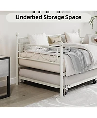 gaomon Twin Daybed with Trundle Bed, Space-Saving Metal Day Bed Frame with Floral Headboard and Heavy Duty Steel Slats