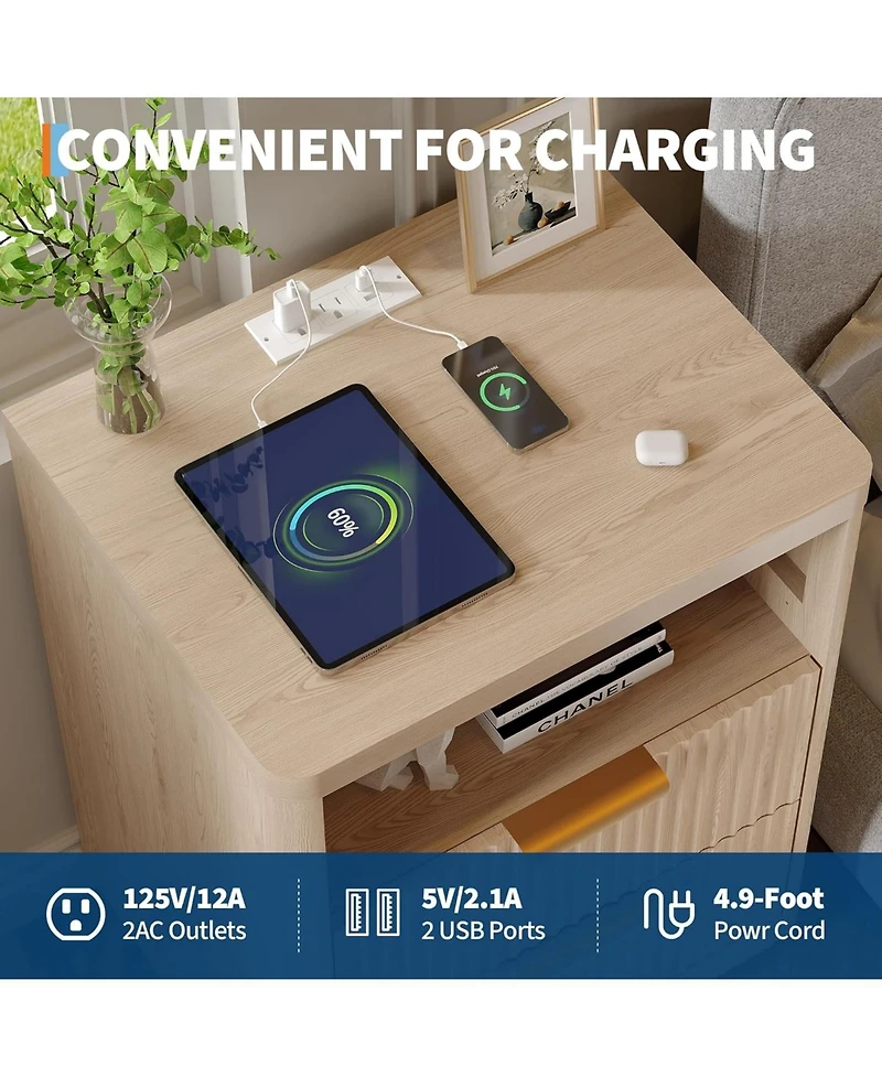 gaomon Fluted Nightstand with Charging Station, Mid Century Modern Fluted Nightstand